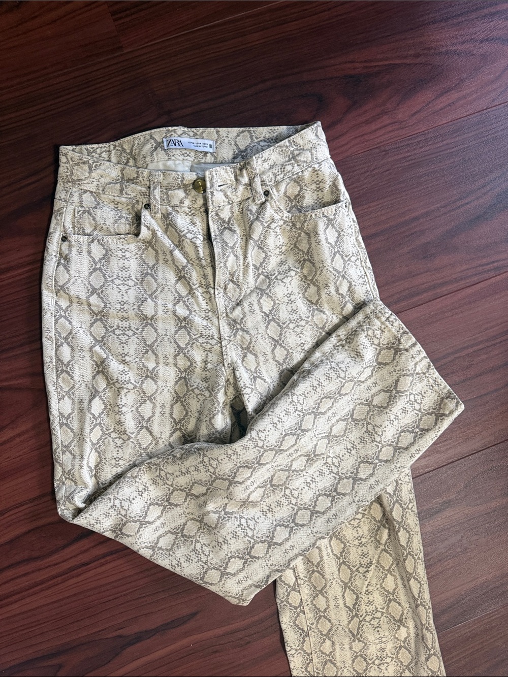 Zara Beige Snake-Print Skinny Jeans